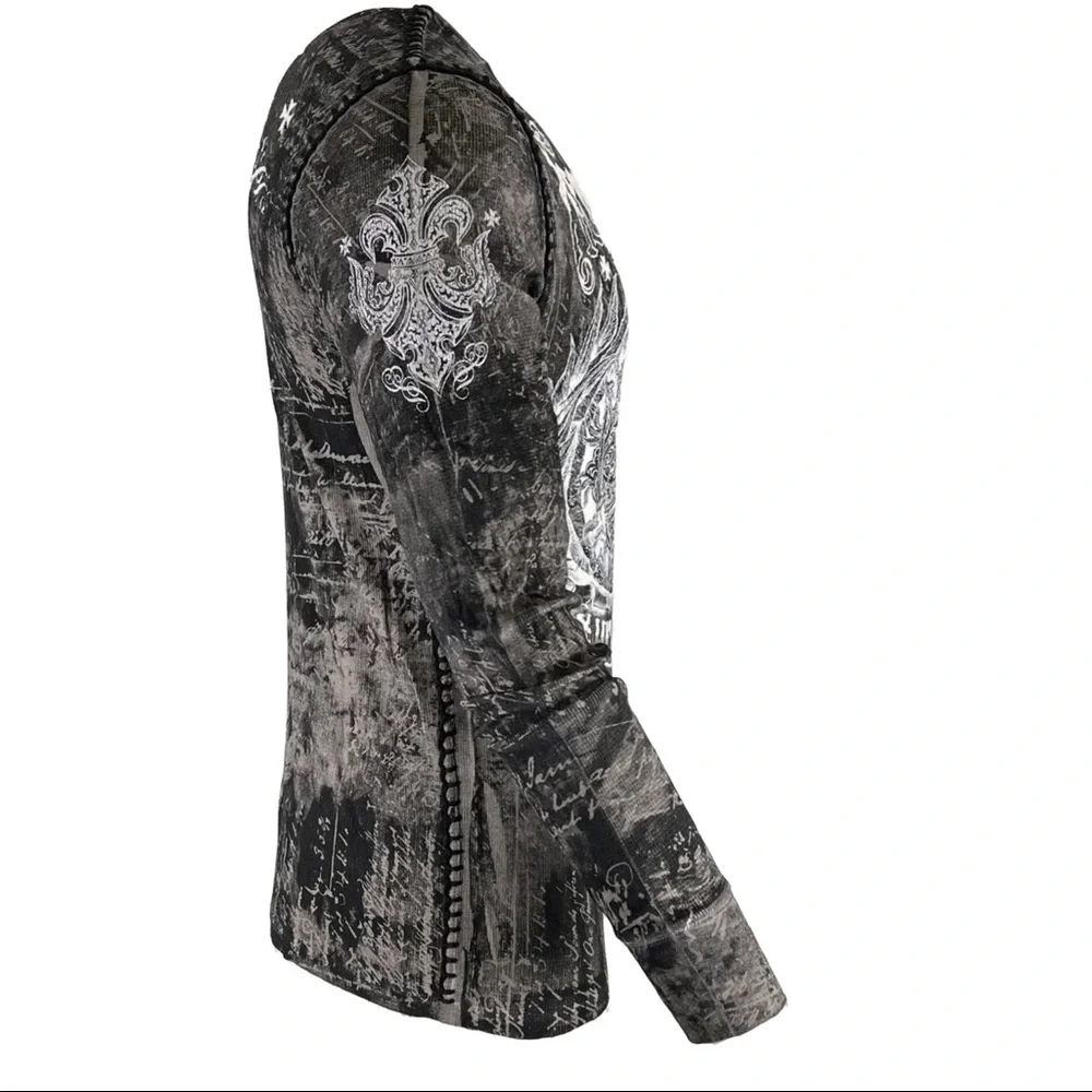 Archaic by Affliction Men's Thermal Shirt SHIELDED Wing Biker Gray - Picture 6 of 9